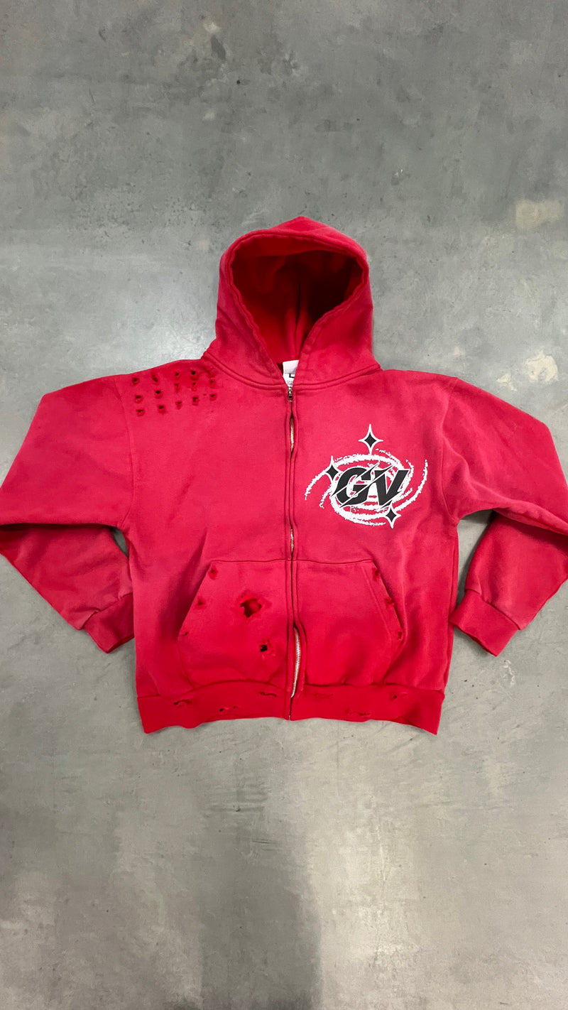 RED GV PORTAL WASHED DISTRESSED HOODIE